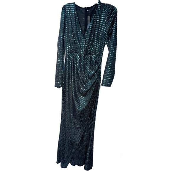 Love & lemonade dark green dress curve Deep V neck wrap sequin long sleeves 1XL - Picture 2 of 13